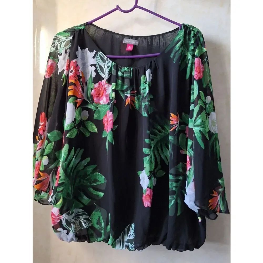Vince Camuto M Floral Semi Sheer Top Blouse Bat Wing Sleeves